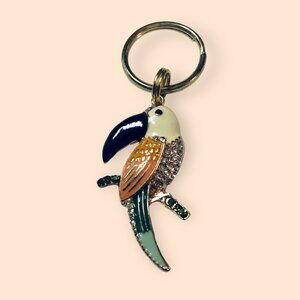 Parrot Keychain Keyring w/ Rhinestones - Exotic Bird Design - Gold-Tone Metal